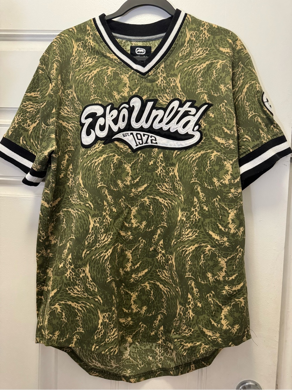 Ecko Unlimited Olive Green and Cream Graphic Baseball Jersey 0277